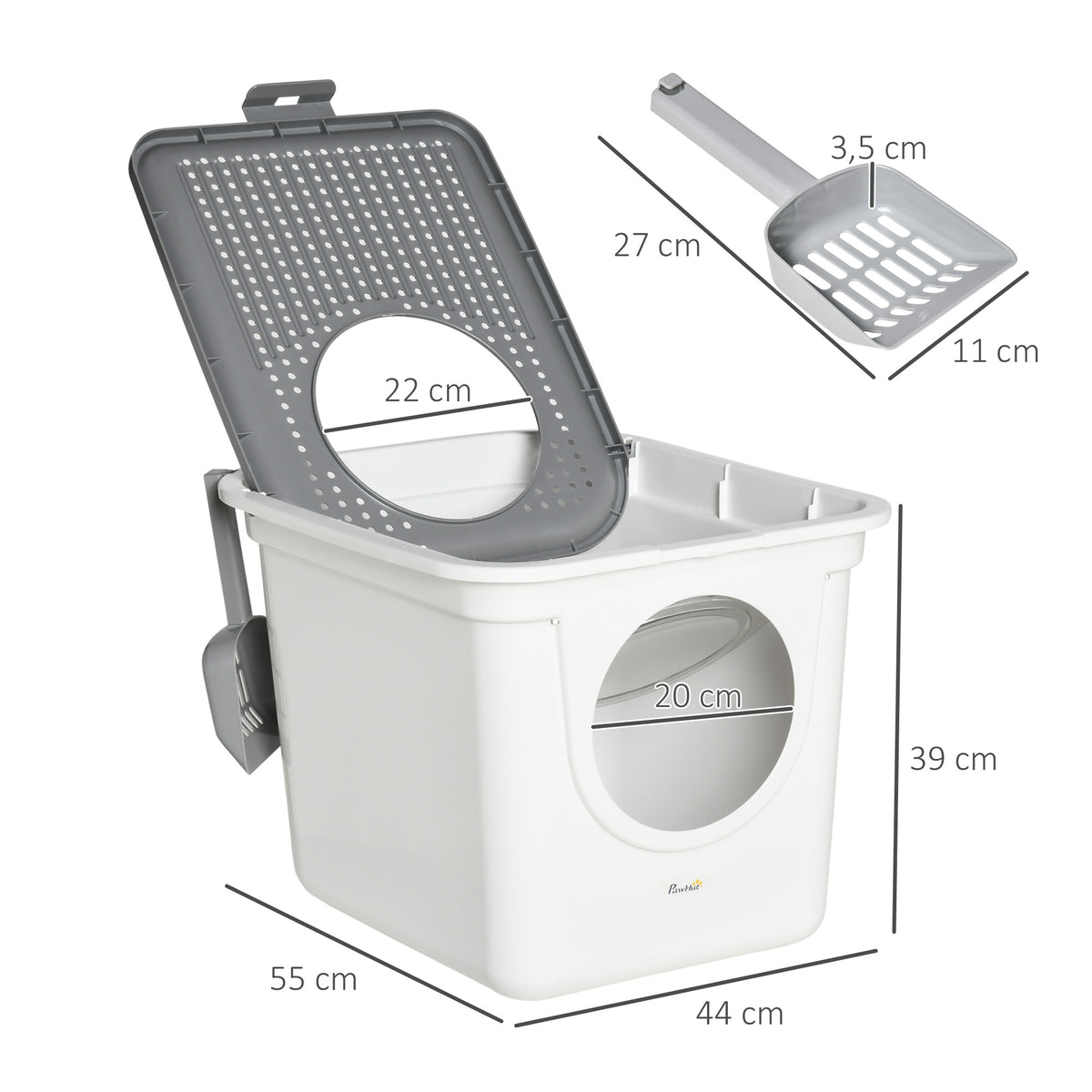 Maison de toilette Bac à litière pour chat double porte battante et supérieure, pelle fourni, 44L x 55l x 39H cm, blanc-2