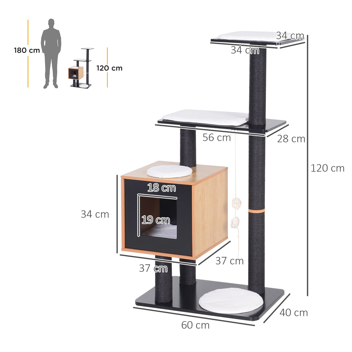 Arbre à chats design contemporain griffoirs grattoirs sisal naturel centre d'activités niche plate-formes jeu boules suspendues 71,5L x 49,5l x 120H cm MDF noir hêtre-2