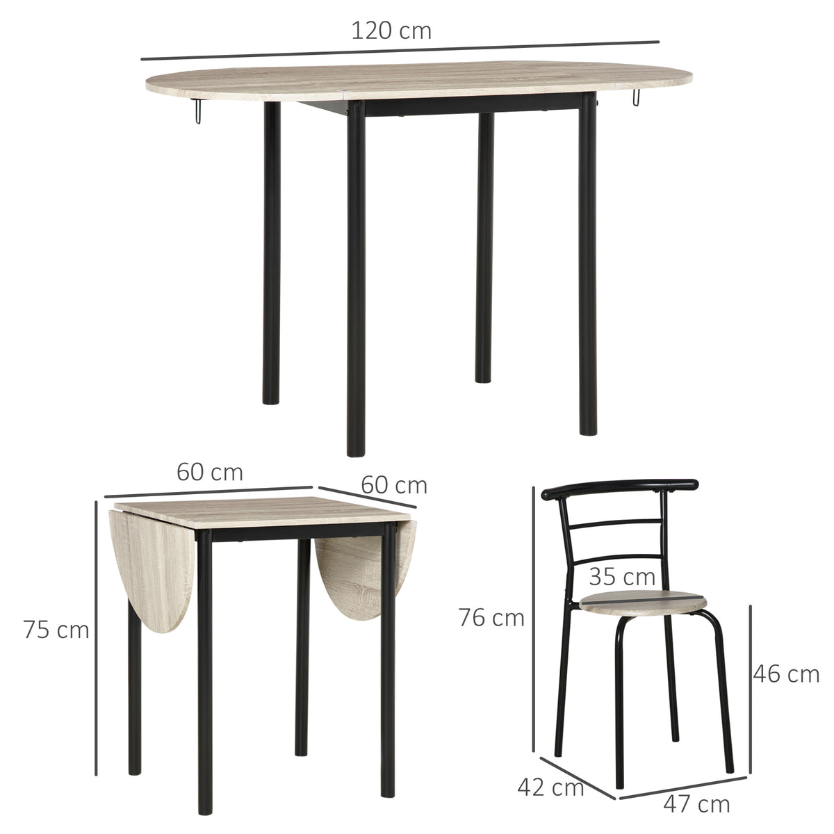 Ensemble table ovale extensible et 2 chaises - table à rabats - métal et MDF - noir et naturel-2