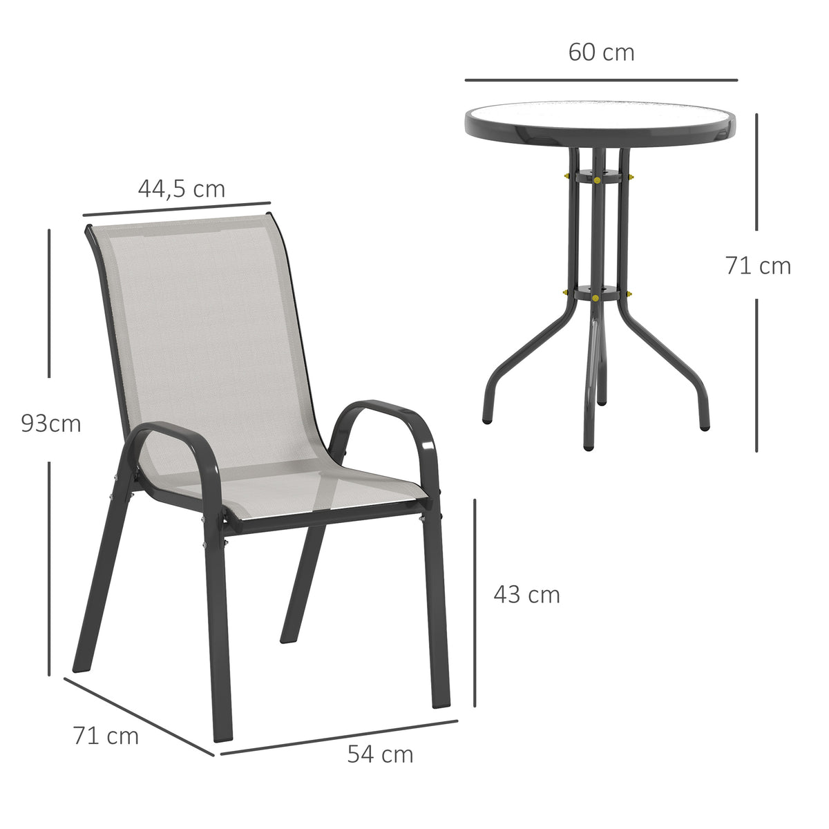 3 pièces salon de jardin extérieur ensemble de meubles 2 fauteuils empilables table basse dessus verre trempé gris clair-2