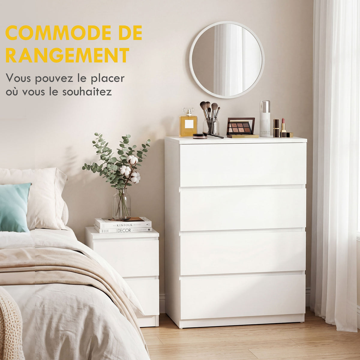 Commode 4 tiroirs meuble de rangement sans poignées design minimaliste 60 x 40 x 80 cm blanc-3