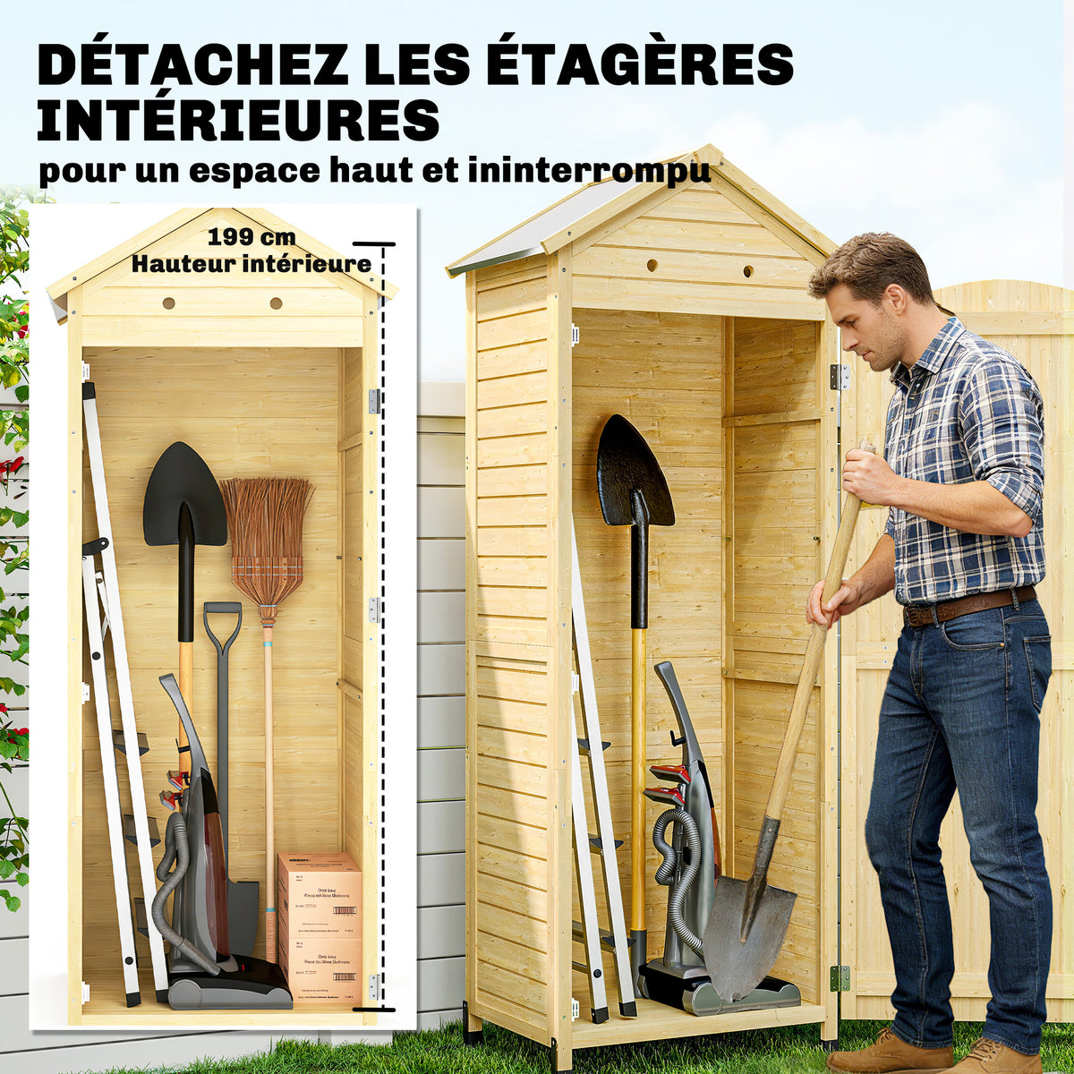 Armoire de Jardin en Bois Toit Acier Galvanisé Texture Gaufrée Étagères Réglables 85x58x213cm Bois Naturel-3