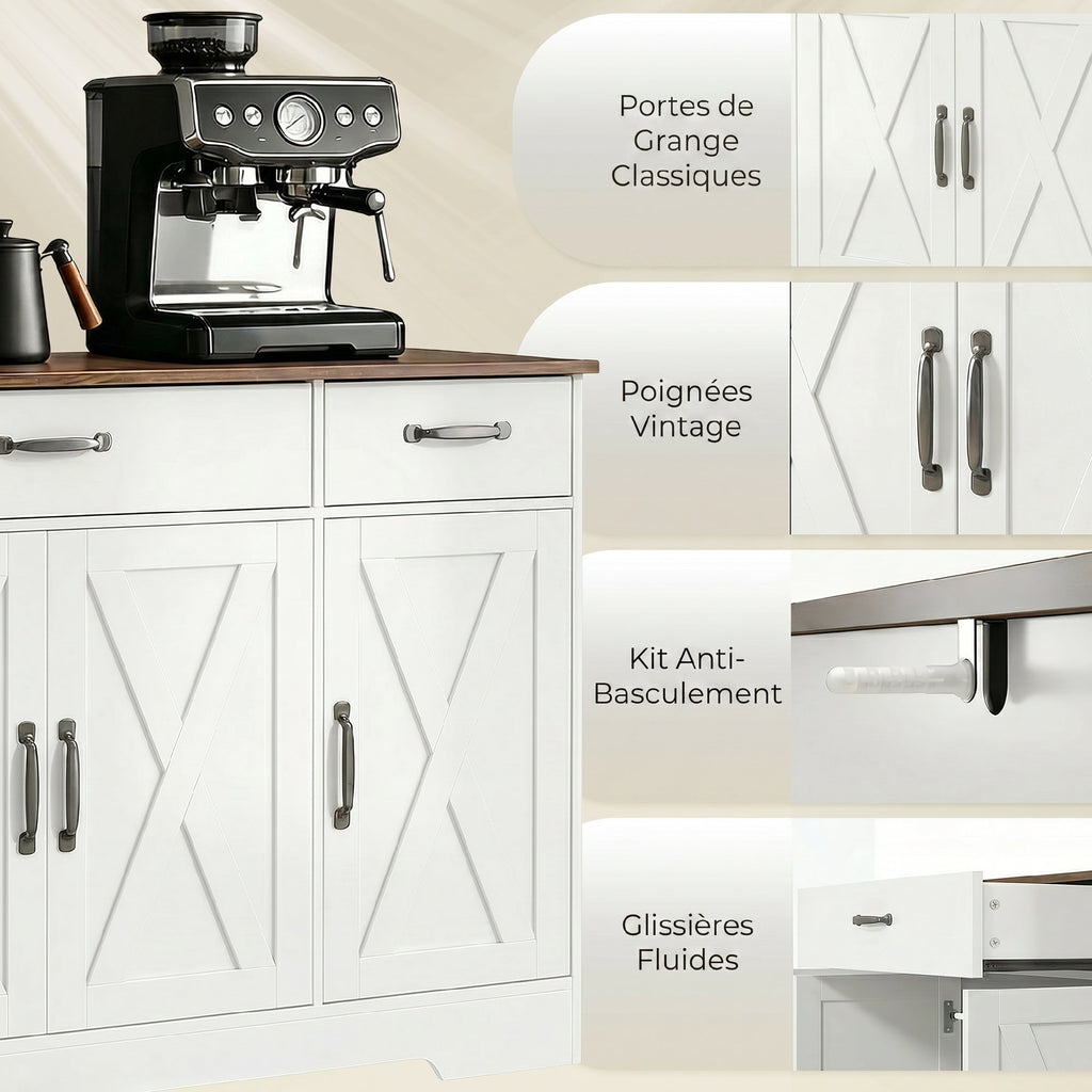 Buffet, meuble de rangement cuisine style ferme avec 4 portes de grange, 3 tiroirs, étagères ajustables, blanc-6