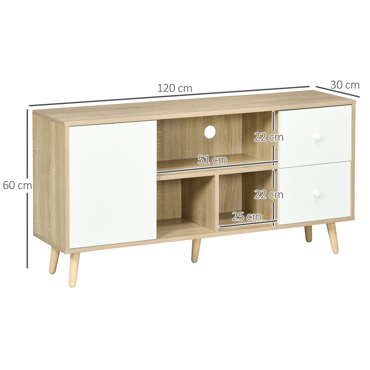 Meuble TV pour télévision jusqu'à 45 pouces pieds en bois massif style scandinave 3 niches 1 placard 120 x 30 x 60 cm-2