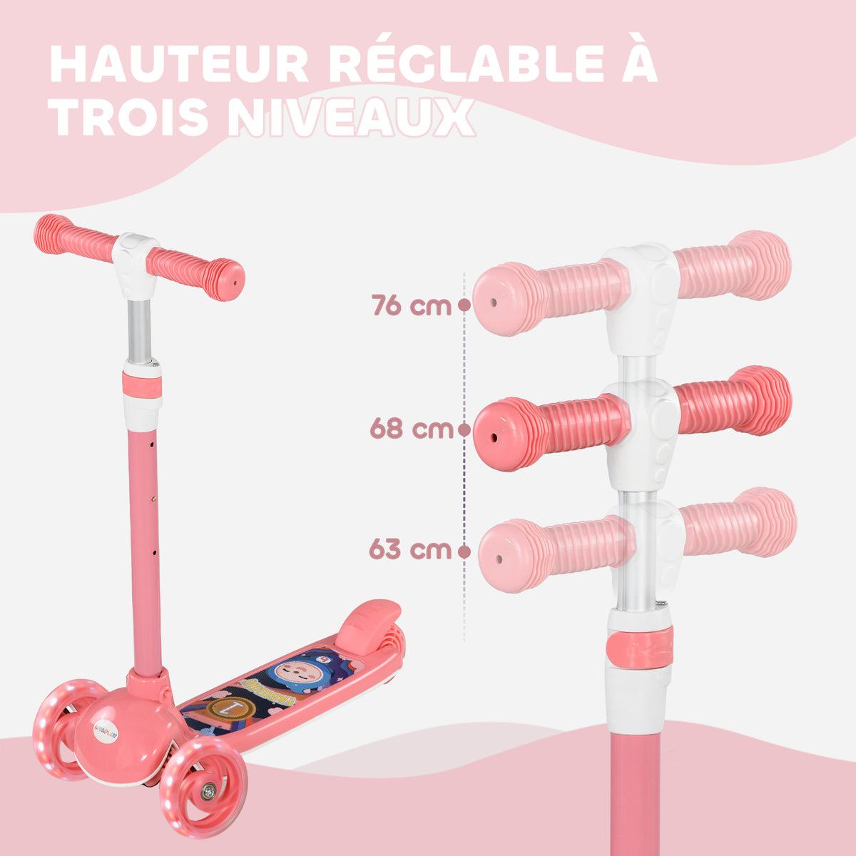 Trottinette enfant 3 Roues Lumineuses LED Hauteur Guidon réglable frein à Friction arrière de 2 à 6 ans Rose-3
