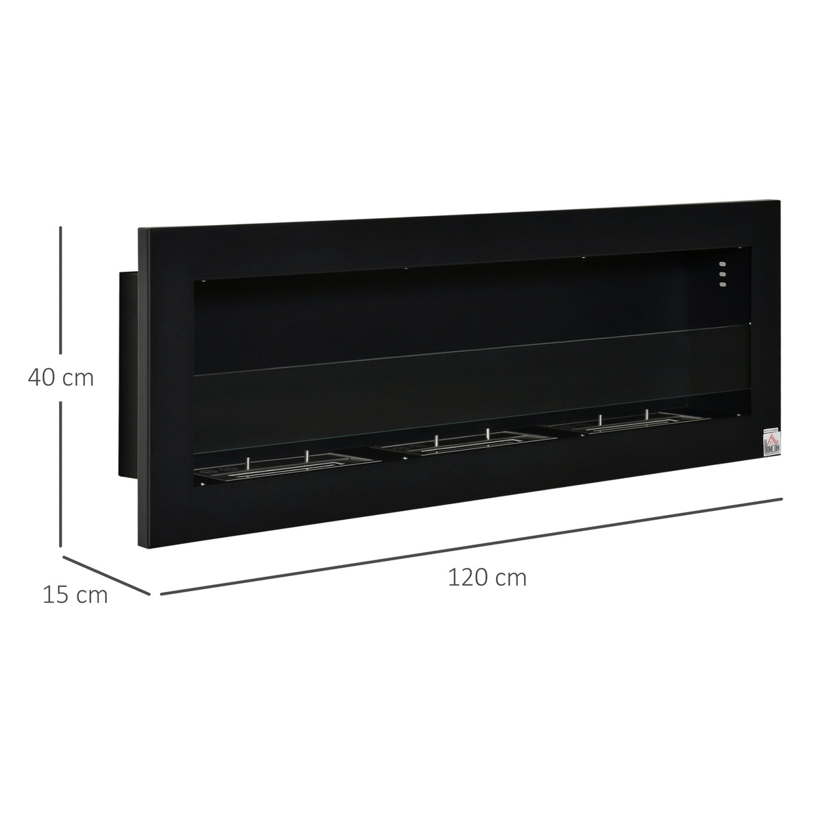 Cheminée bioéthanol Murale encastrable 3 brûleurs 3 L au total, environ 3 h de durée de combustion, dims. 120L x 15l x 40H cm, acier inox noir-2