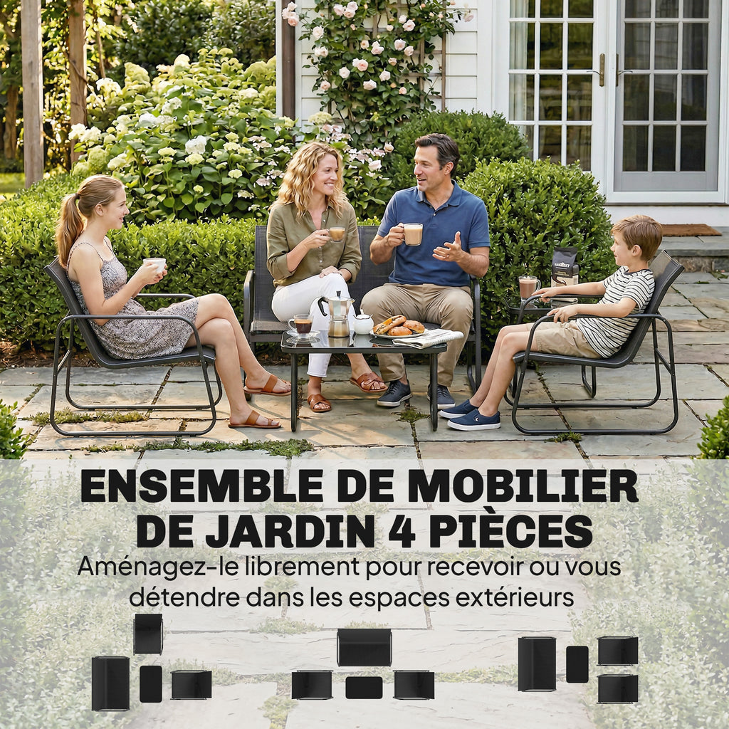Salon de jardin 4 pièces avec canapé, fauteuils et table basse, gris foncé et noir-3