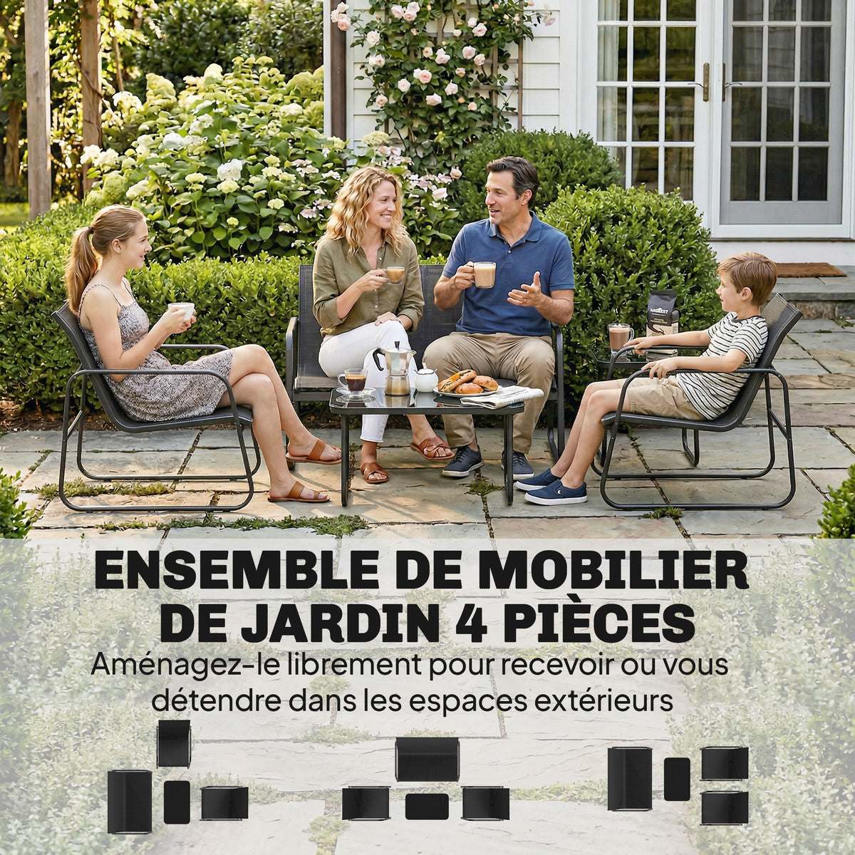 Salon de jardin 4 pièces avec canapé, fauteuils et table basse, gris foncé et noir-3