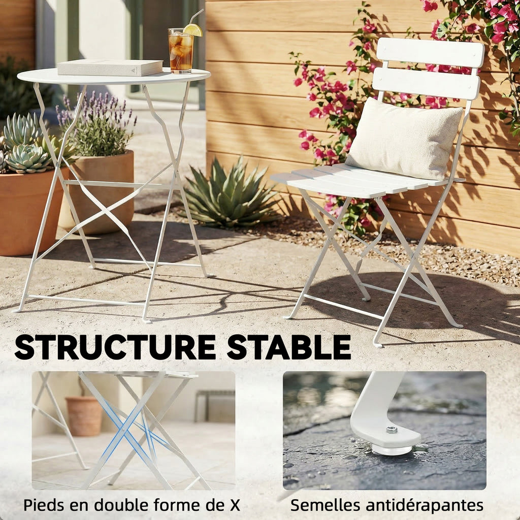 Ensemble Bistrot de Jardin 3 Pièces Table et 2 Chaises Pliantes à Lattes Double Protection Antirouille Crème-7