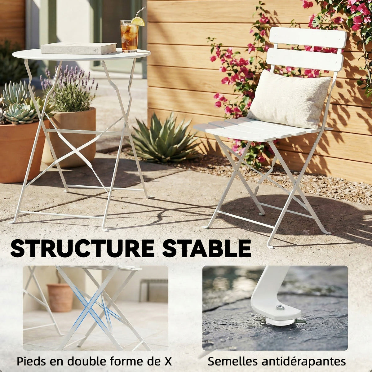 Ensemble Bistrot de Jardin 3 Pièces Table et 2 Chaises Pliantes à Lattes Double Protection Antirouille Crème-7