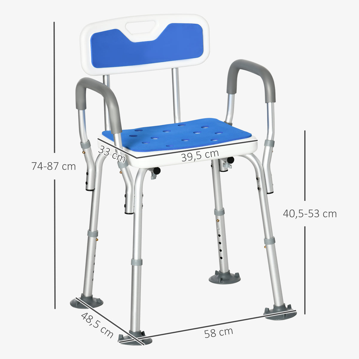 Tabouret de douche chaise de douche ergonomique hauteur réglable pieds antidérapants 56,5 x 53,5 x 87 cm blanc et bleu-2