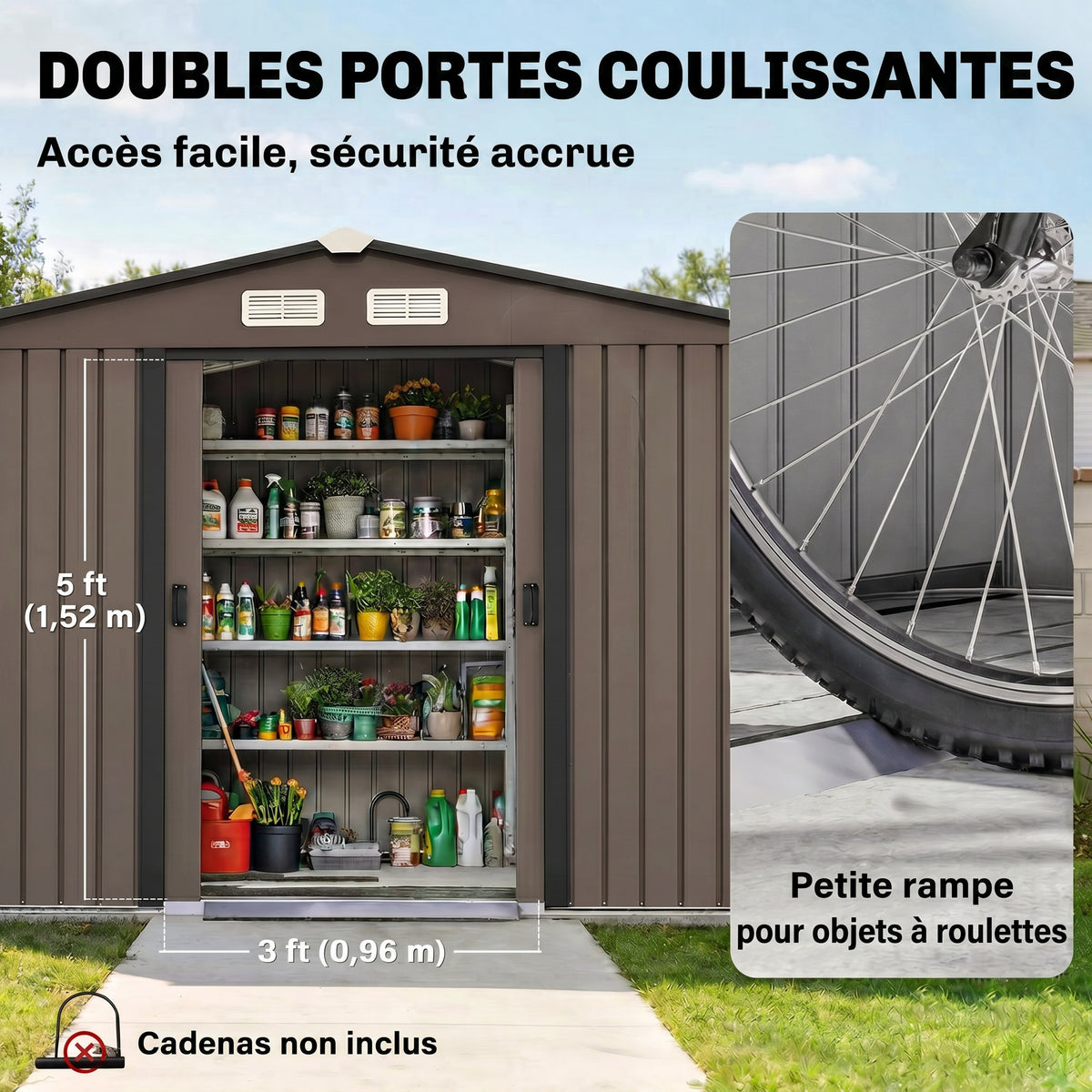Abri de jardin 5,4 m² 2,77 x 1,95 x 1,92 m kit de fondation porte coulissante ventilations acier galvanisé, marron-4