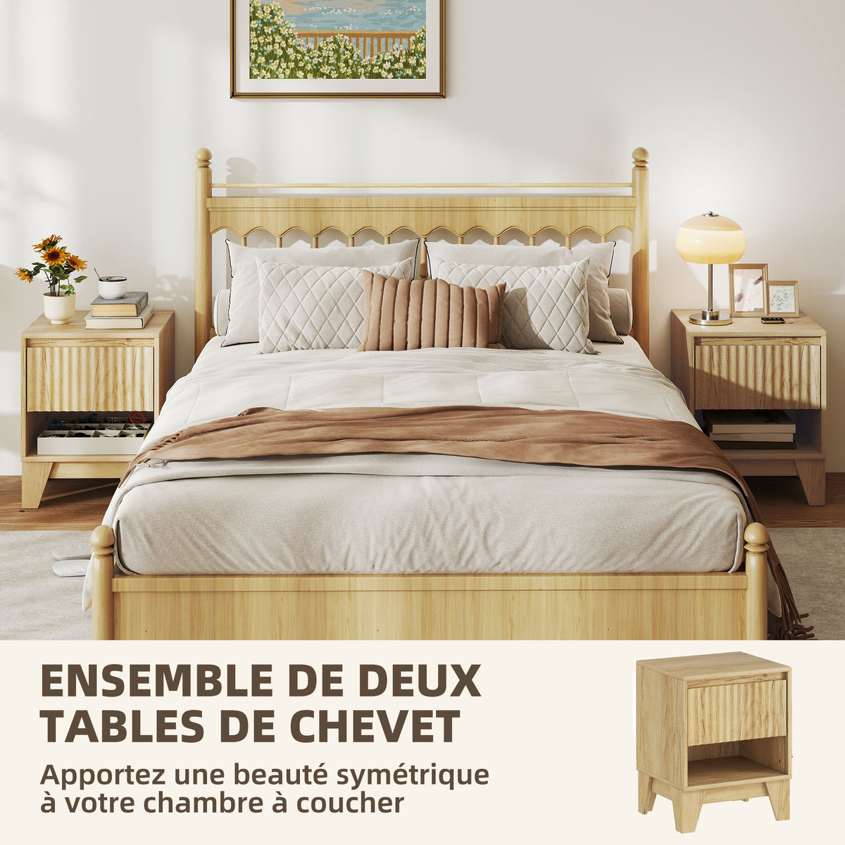 Lot de 2 tables de chevet étroite, table d'appoint compartiment ouvert 1 tiroir, panneaux cannelés 43x40x55cm naturel-3
