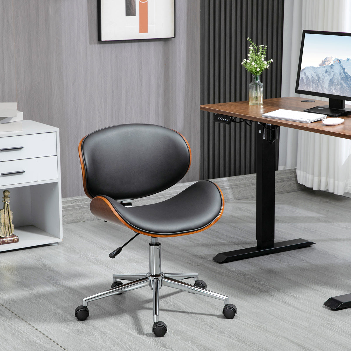 Chaise de bureau design vintage hauteur réglable pivotant 360° bois peuplier revêtement synthétique 53 x 53 x 77-87 cm-1