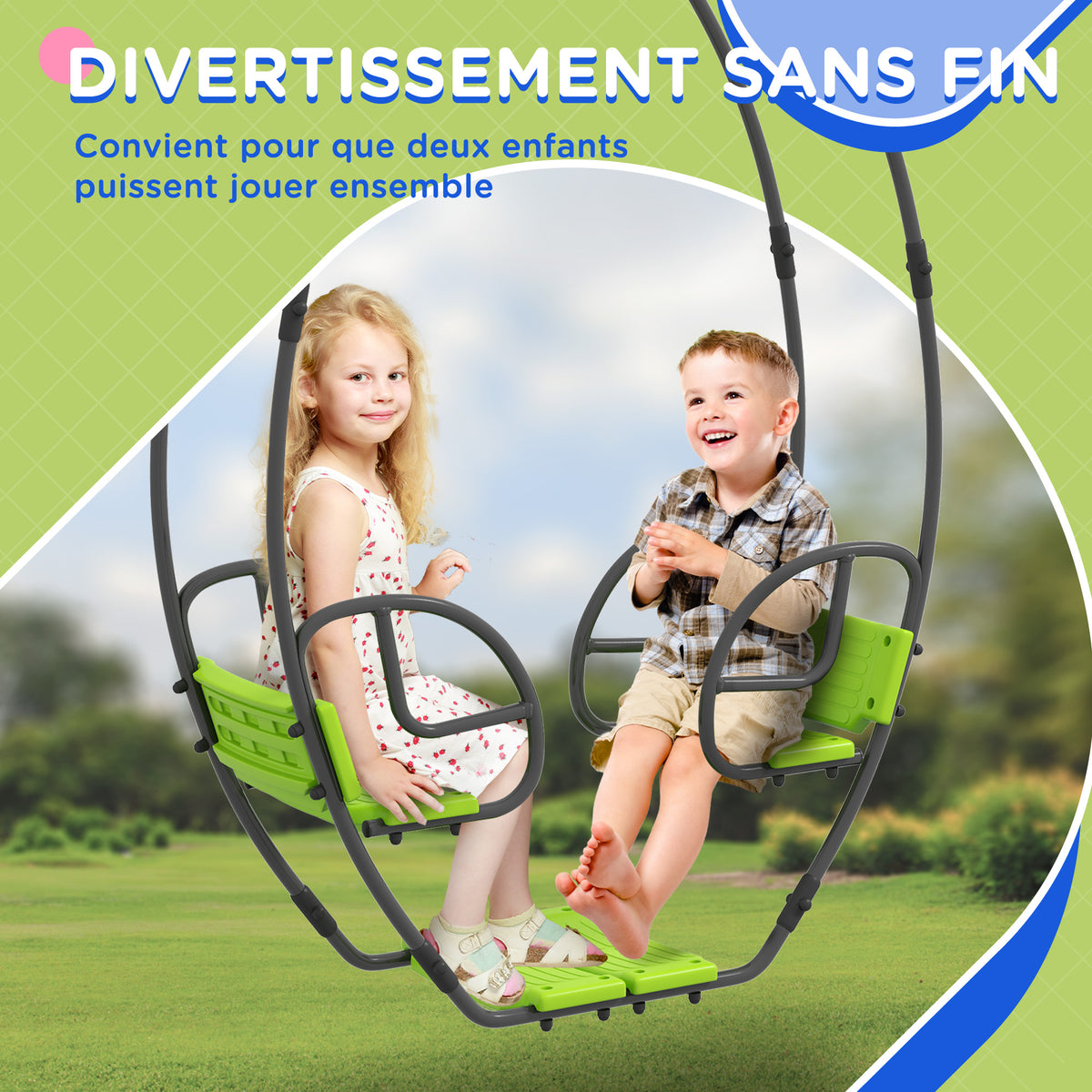 Balançoire pour enfants structure en métal avec poignée pour 2 enfants de 3 à 6 ans 110,5 x 40,5 x 180 cm vert-3