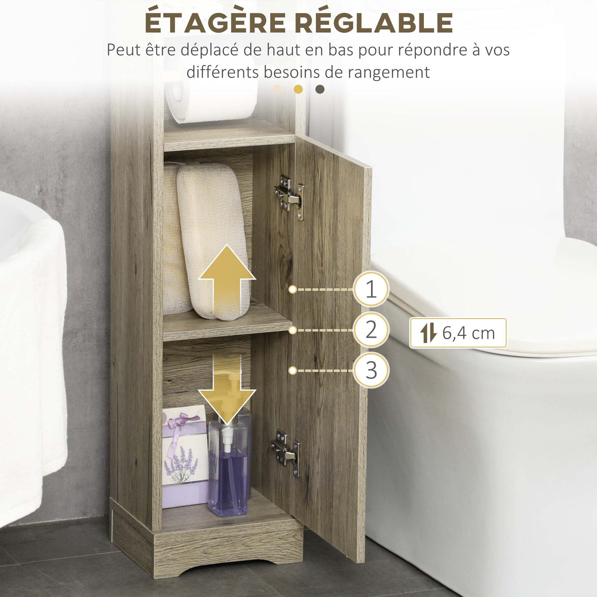Meuble bas de salle de bain 1 étagère supérieure ouverte 2 compartiments et 1 placard 23 x 18 x 100 cm gris-4