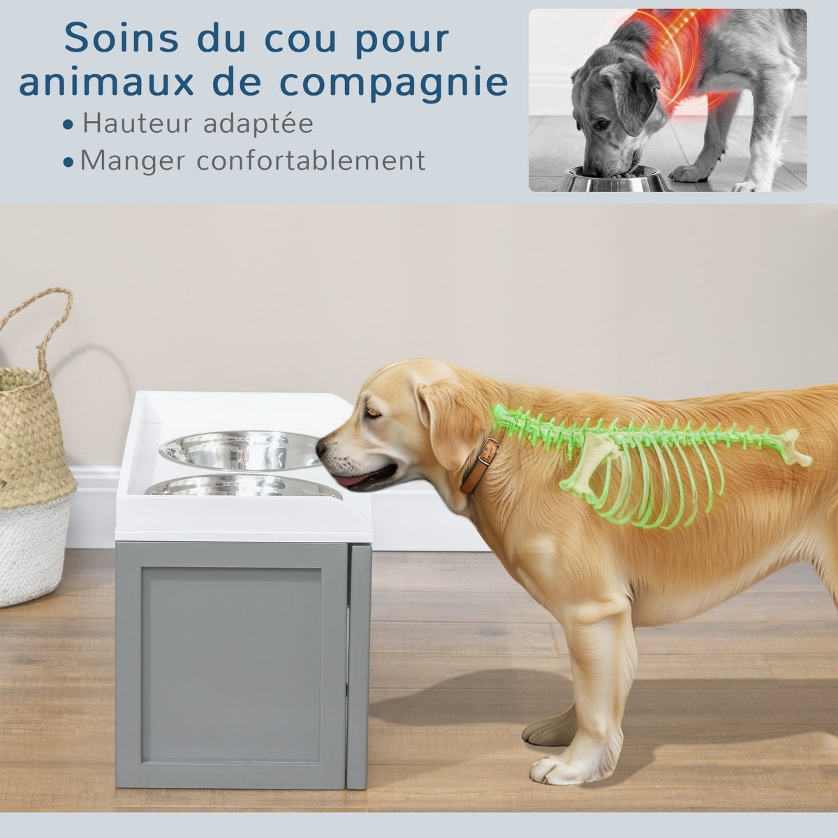 Gamelle double chien chat - porte-gamelles surélevé rangement 2 en 1 - tiroir, 2 gamelles - acier inox. MDF blanc gris-3
