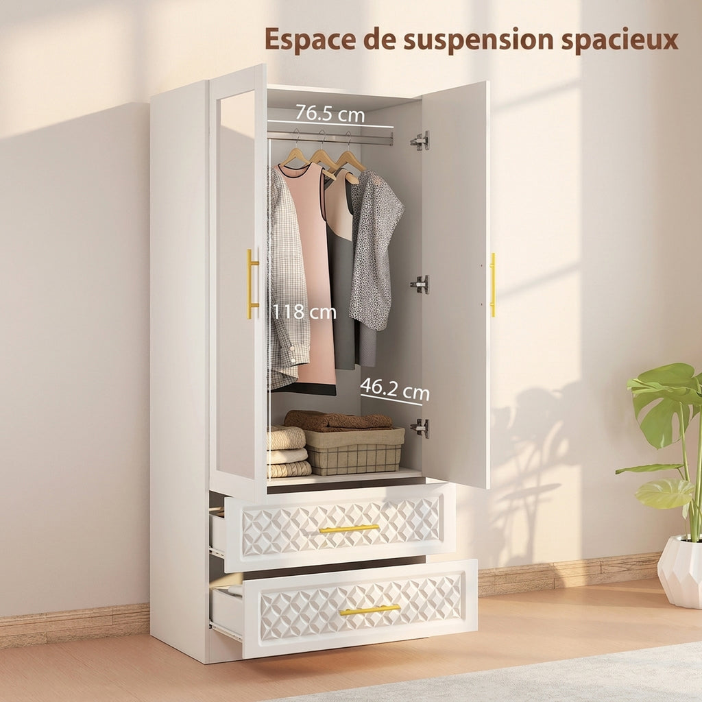 Armoire chambre penderie avec miroir, 2 tiroirs, 2 portes et barre de suspension, 80 x 50 x 180 cm, blanc-3