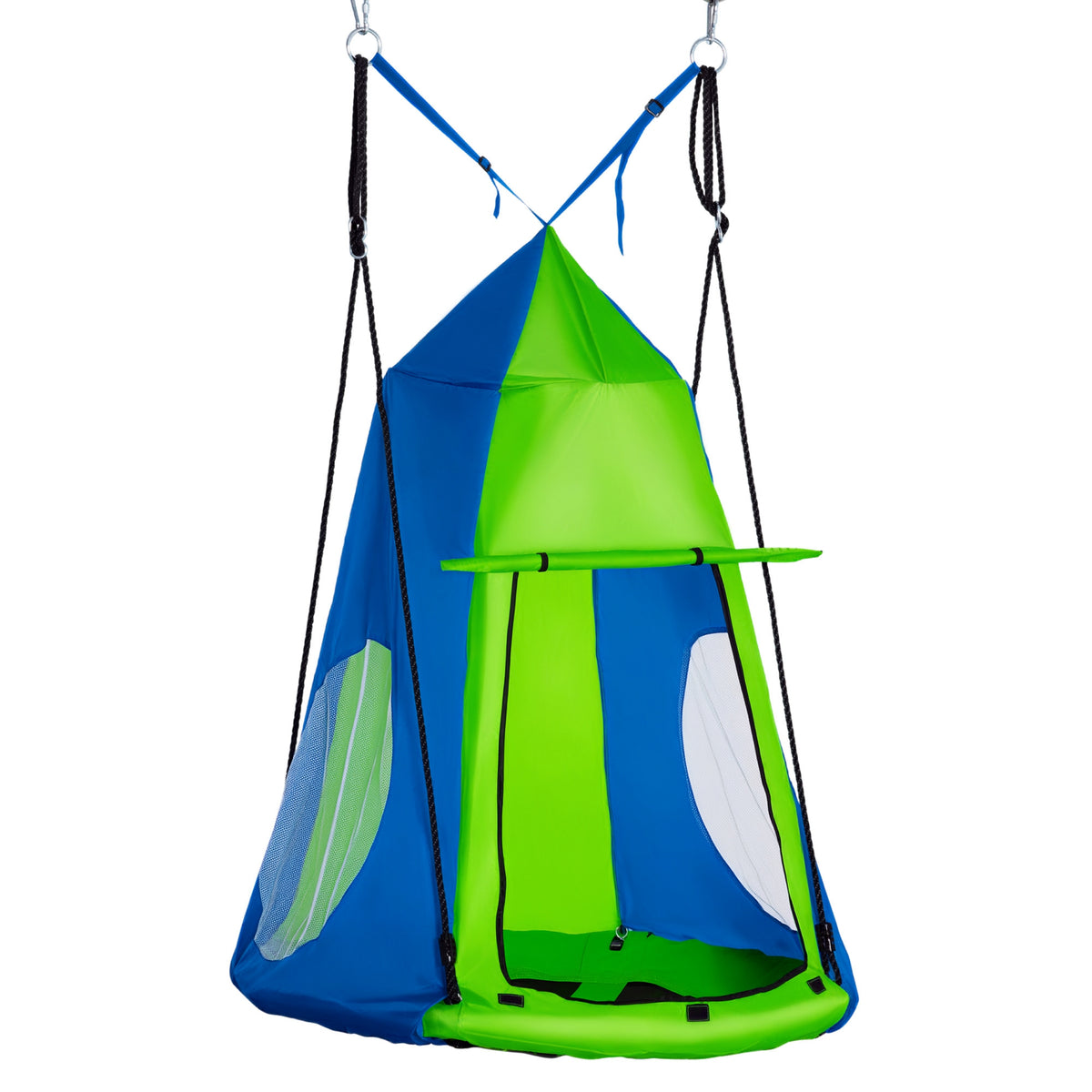 Balançoire nid d'oiseau Ronde avec Tente Amovible Ø 100 cm 4 Anneaux Inclus métal époxy Oxford Haute densité - Vert et Bleu-0