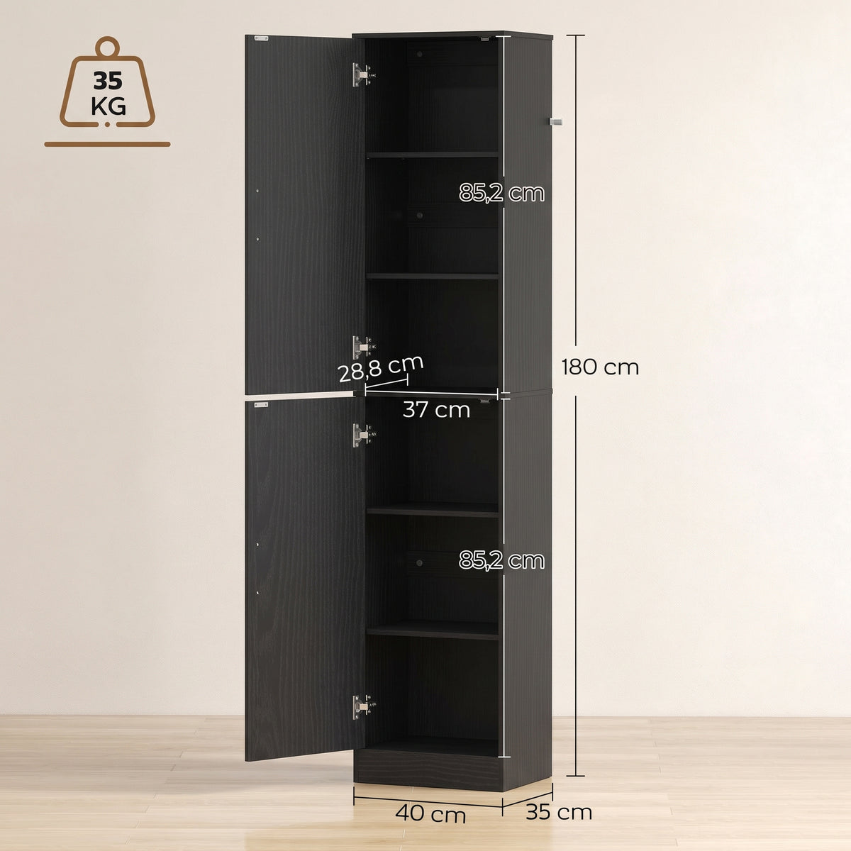 Colonne de Salle de Bain 6 Niveaux, Meuble de Rangement Étroit, 2 Portes et 4 Étagères Réglables, 40x35x180cm, Noir-2