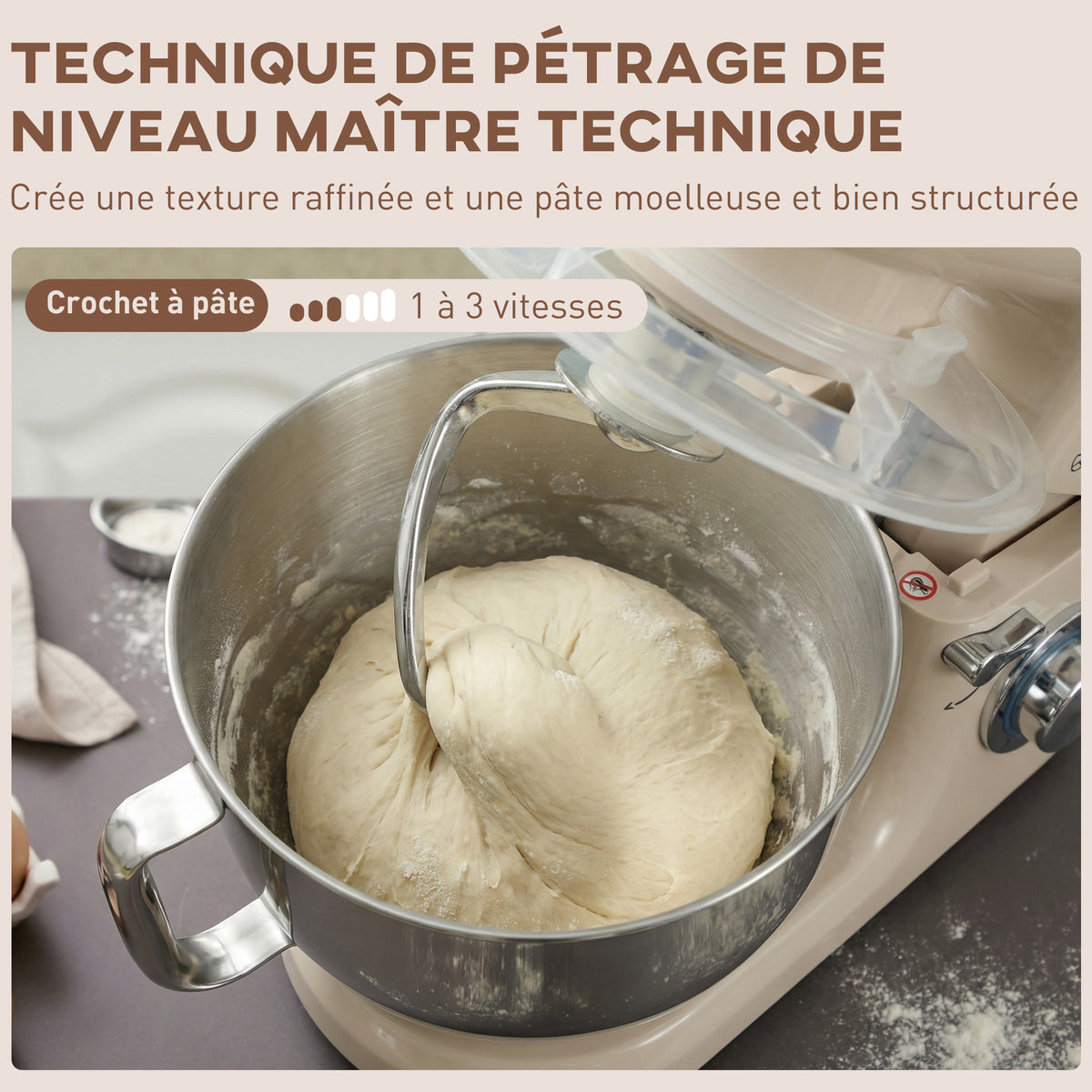 Robot pâtissier 1300 W, robot pétrin professionnel 4,5 L, bol d'acier inoxydable, 6+P vitesses et pulse, beige-4
