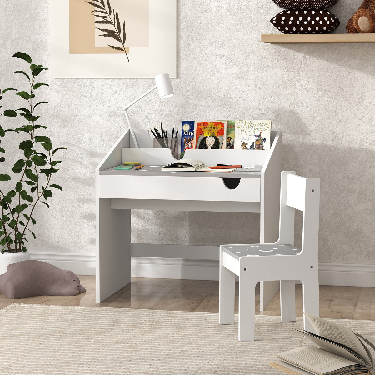 Ensemble Bureau et chaise pour enfants, avec rangement, tiroir coulissant, pour les 3-6 ans, motif étoilé - Gris-9