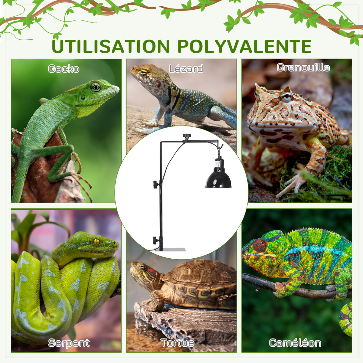 Support de lampe chauffante pour reptiles hauteur et largeur réglables pour amphibiens base en acier 32 x 9 x 67 cm noir-3