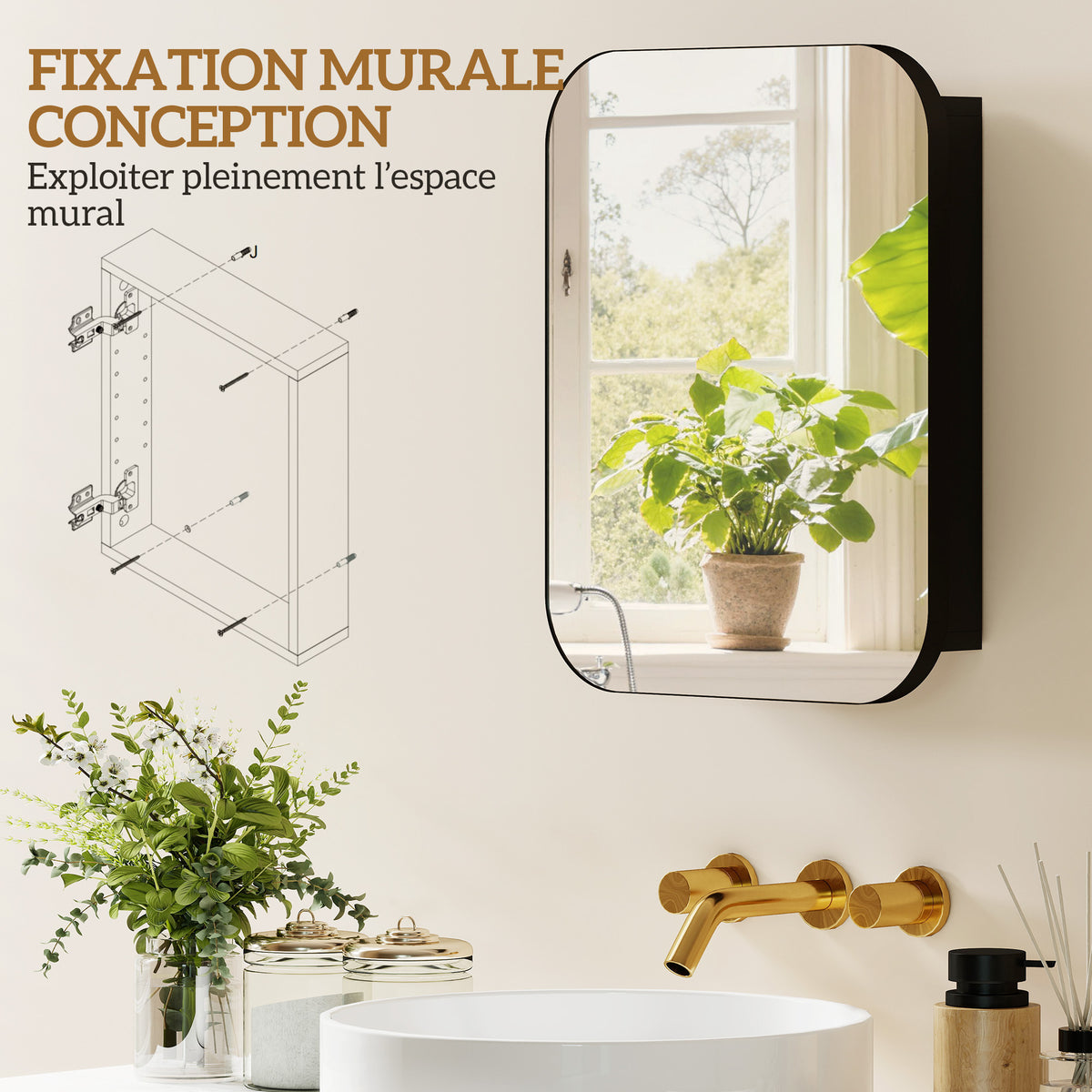 Armoire Murale Salle de Bain avec Miroir, 40 x 10 x 51 cm, avec Porte Miroir à Fermeture Douce et Étagères Réglables, Noir-3