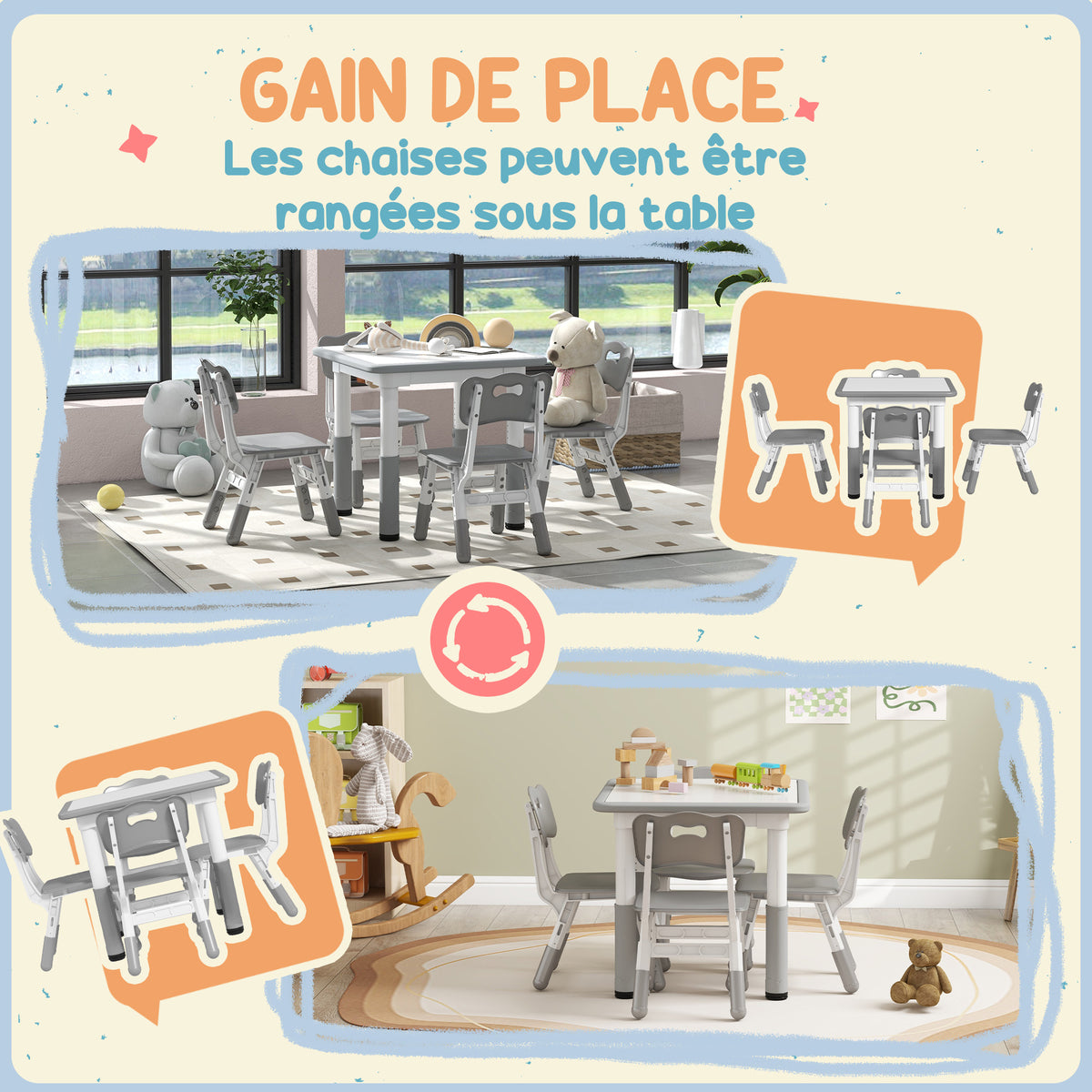 Ensemble 1 table et 4 chaises pour enfants à hauteur réglable, set de 5 pièces, gris-6