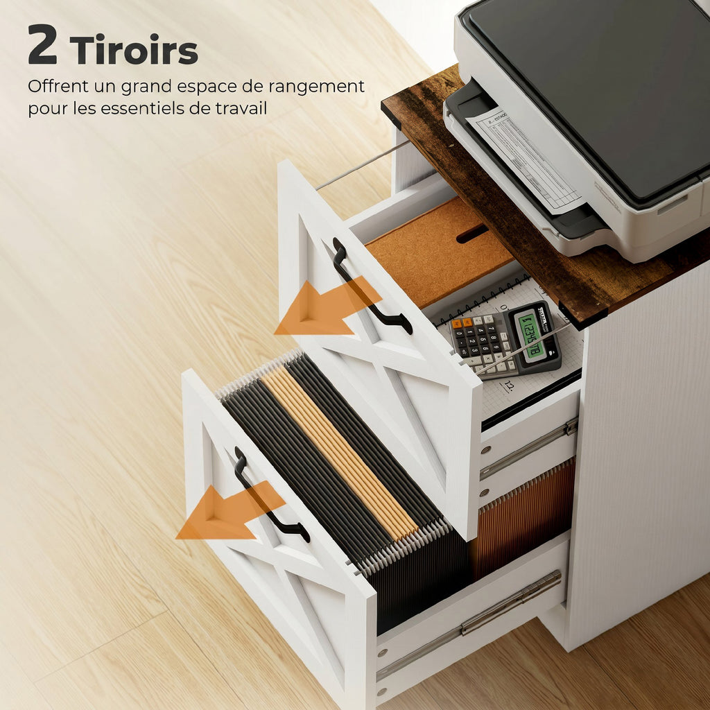 Caisson de Bureau avec 2 Tiroirs, Dossiers Suspendus pour Formats Lettre/A4, Style Rustique, 40x40x71cm, Blanc-4