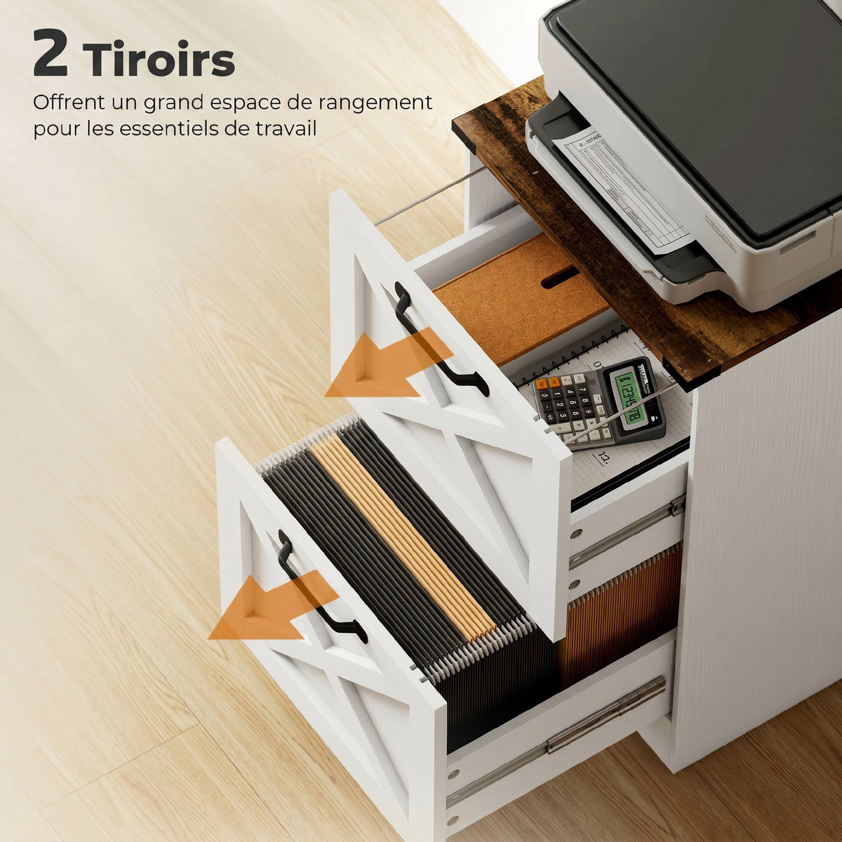 Caisson de Bureau avec 2 Tiroirs, Dossiers Suspendus pour Formats Lettre/A4, Style Rustique, 40x40x71cm, Blanc-4