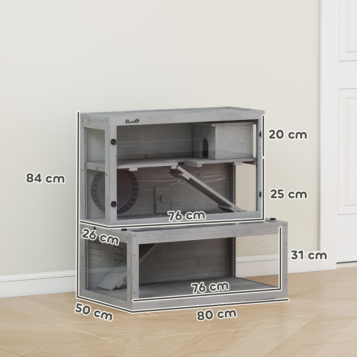 Cage Hamster en Bois, 3 Niveaux avec Cabane, Roue, Rampes, Panneau Transparent, Espaces Séparés, 80x50x84cm, Gris-2