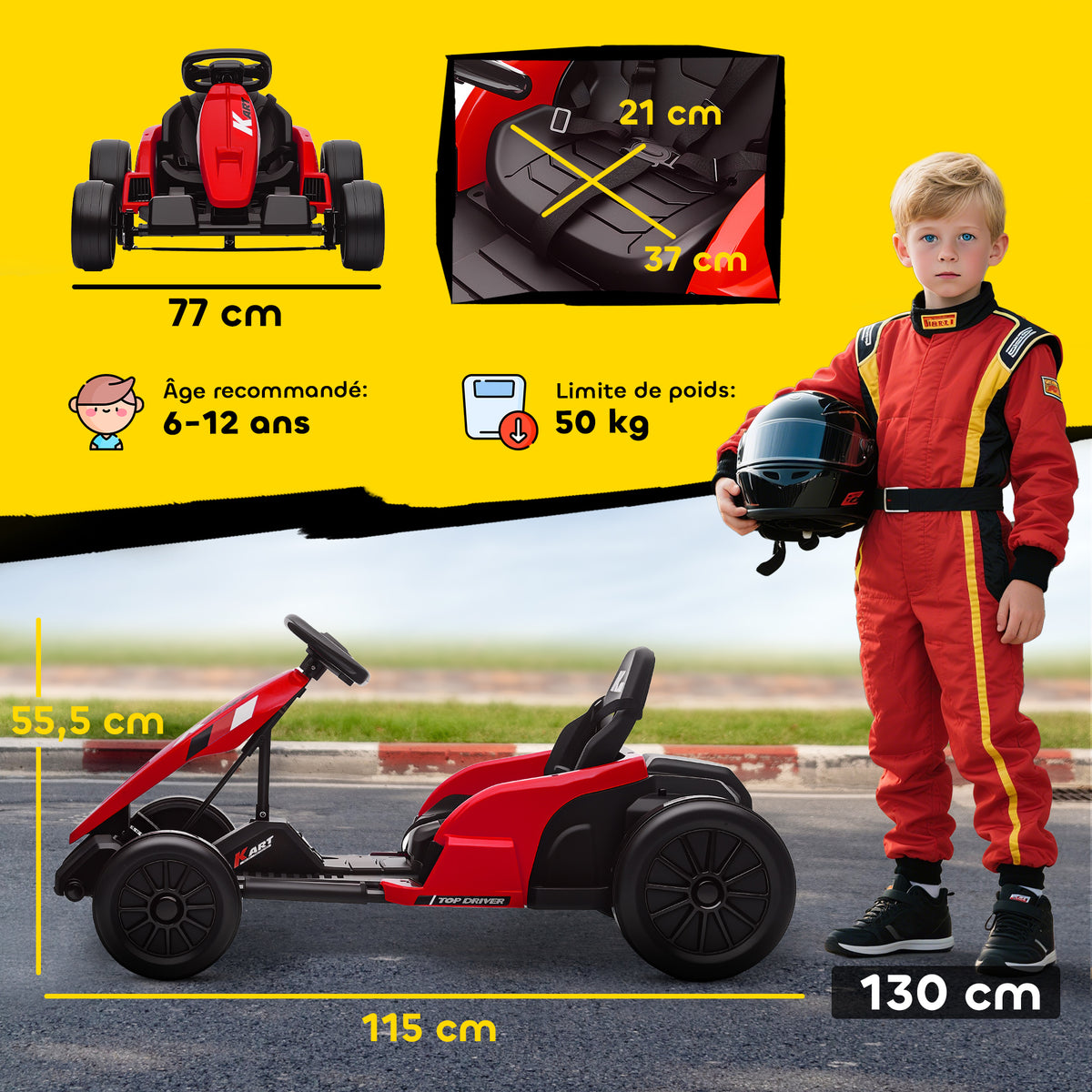 Kart Électrique pour Enfants 24 V, Go Kart, Moteur 2 x 150W, Mode Drift, Siège Réglable, Démarrage Progressif, Rouge-2