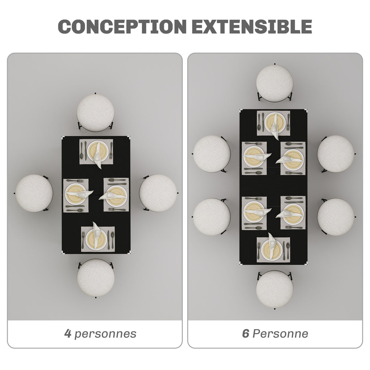Table à manger extensible de 4 à 6 personnes, pieds en acier, pour petits espaces, salle à manger, noir-3