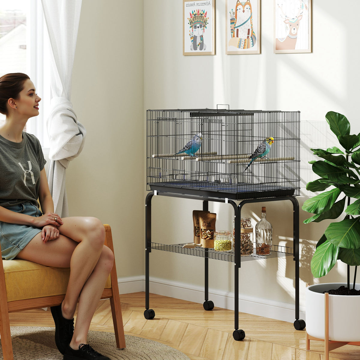 Cage à Oiseaux Volière Intérieur Acier avec Séparateur, 4 Perchoirs, Plateau Coulissant, 4 Mangeoires, 76x46x116cm, Noir-1