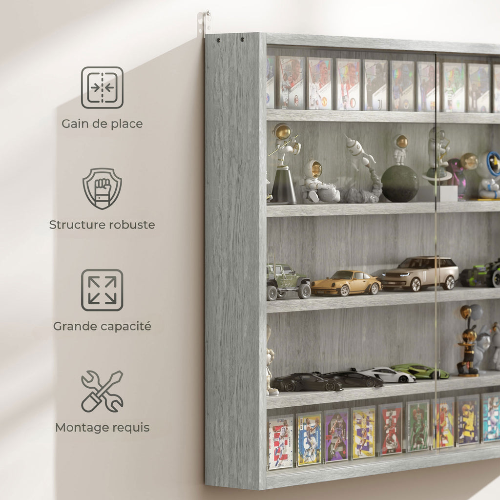 Vitrine murale pour objets de collection 4 étagère réglables en hauteur et 2 portes coulissantes 80 x 9,5 x 60 cm gris-5