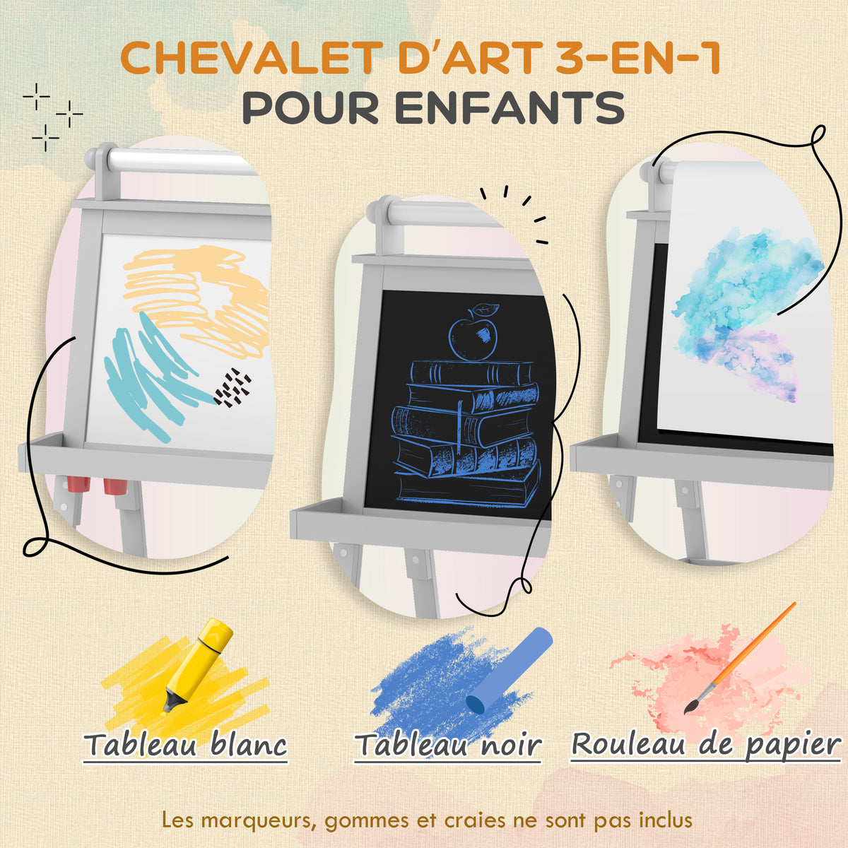 Tableau chevalet enfant 3 en 1 avec tableau blanc magnétique, tableau à craie, rouleau papier, 2 paniers, 3-6 ans, gris-3