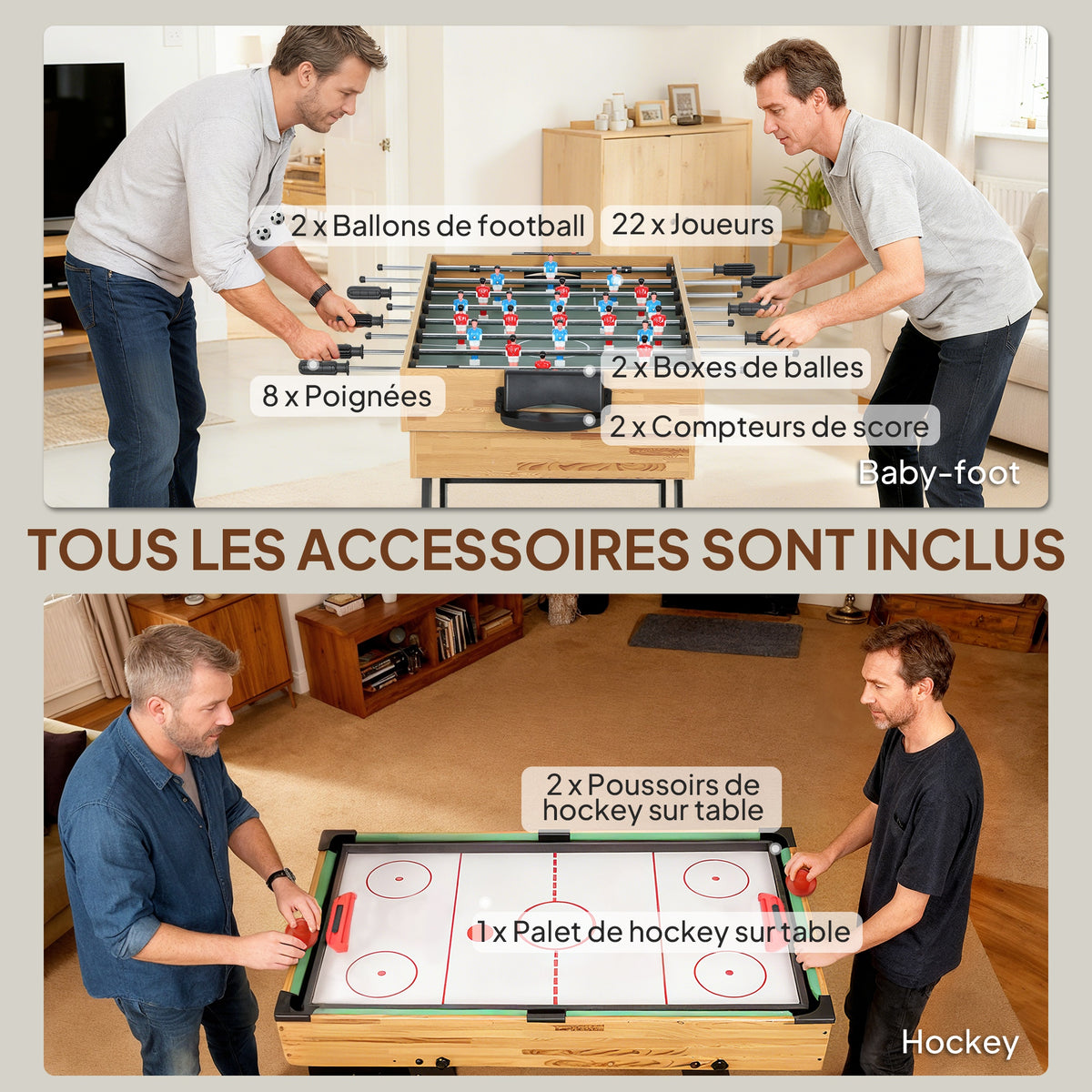 Table multijeux 13 en 1 pliable, table de jeu baby-foot, billard, pour enfants et adultes 120 x 106 x 82 cm noyer clair-5