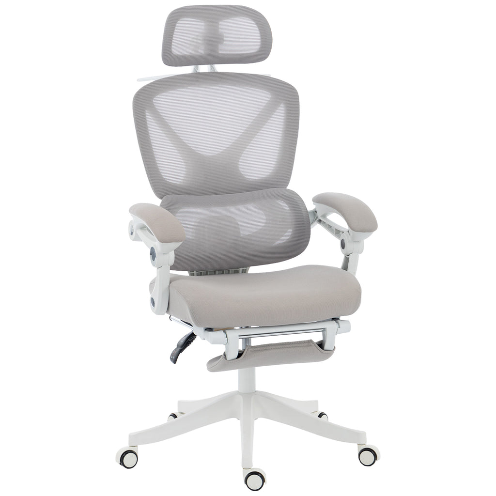 Chaise Bureau Ergonomique avec Appui-Tête Réglable, Fauteuil de Bureau Inclinable en Maille, Dossier Séparé, Gris-0