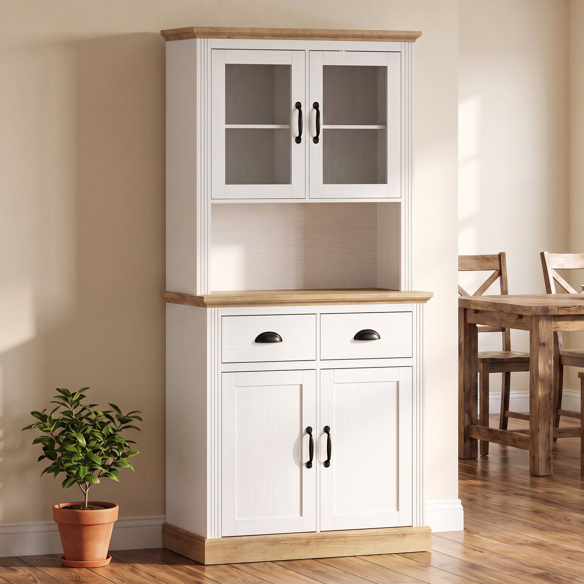Buffet Haut Cuisine, Armoire Cuisine, 4 Portes dont 2 en Verre, 2 Tiroirs, Plan de Travail, Étagères Réglables, Blanc-1