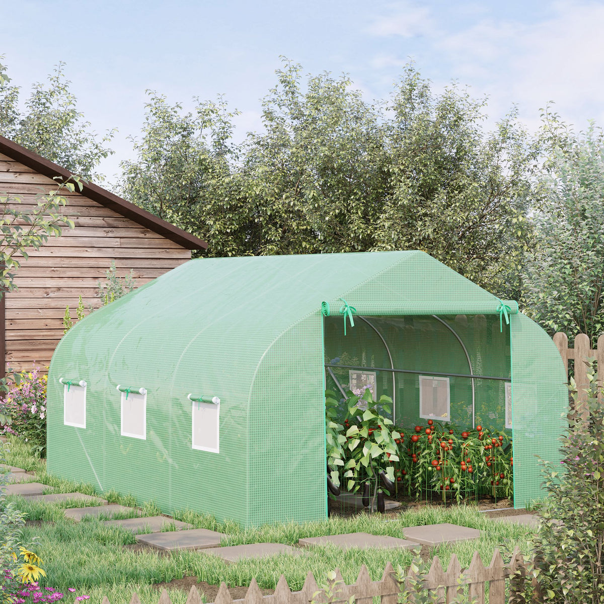 Serre Tunnel de Jardin 10,5 m² dim. 3,5L x 3l x 2H m Porte + 6 fenêtres enroulables Acier galvanisé bâche PE Haute densité Vert-1