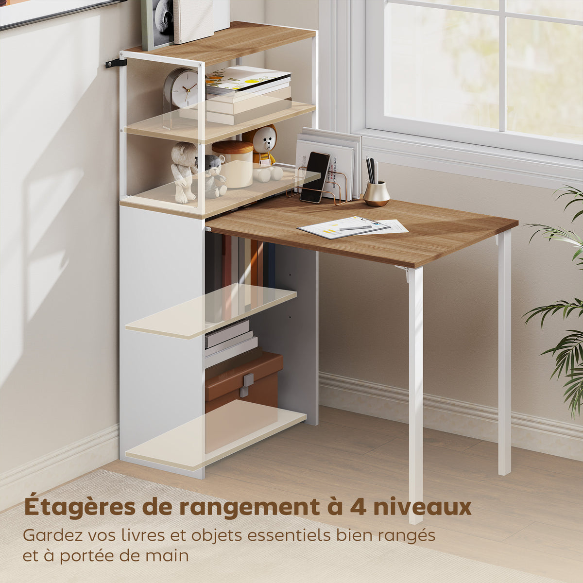 Bureau d'ordinateur pliable avec étagères de rangement à 4 niveaux, bureau avec 2 niches, 105 x 60 x 127 cm, chêne blanc-4