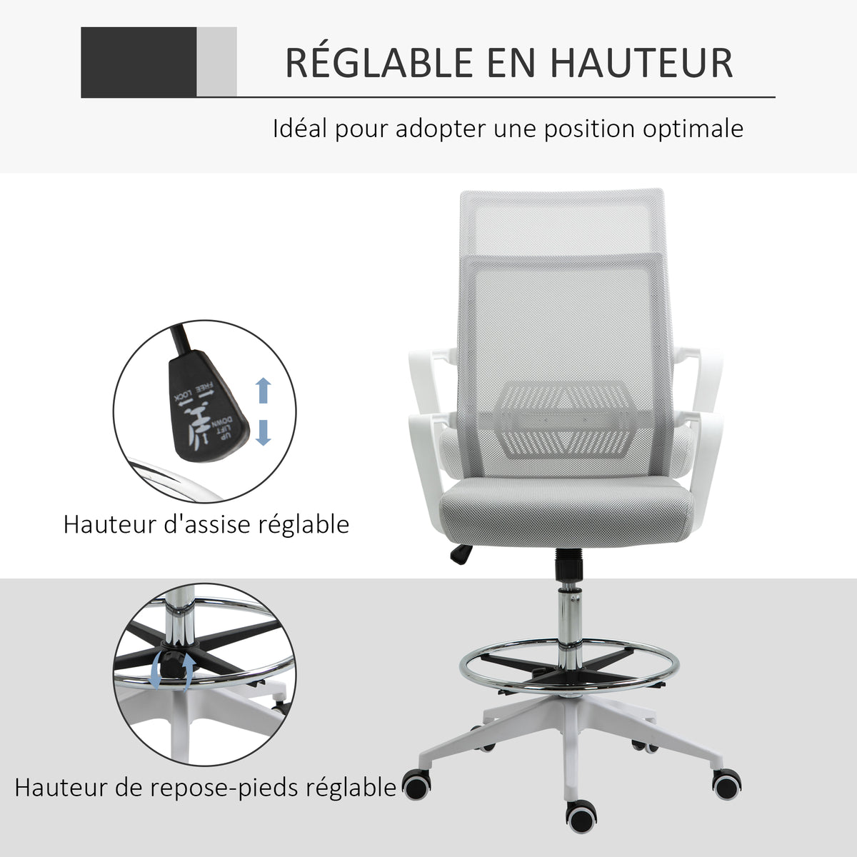 Lot de 2 fauteuils de bureau chaise de bureau assise haute réglable dim. 64L x 60l x 106-126H cm pivotant 360° maille-3