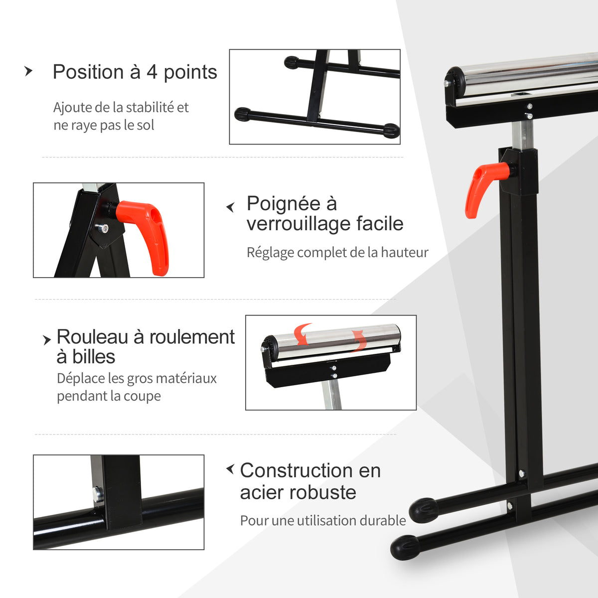 Servante d'atelier à rouleau pliable, support avec rouleau hauteur réglable 68 à 110 cm, charge max. 90 kg, noir-3