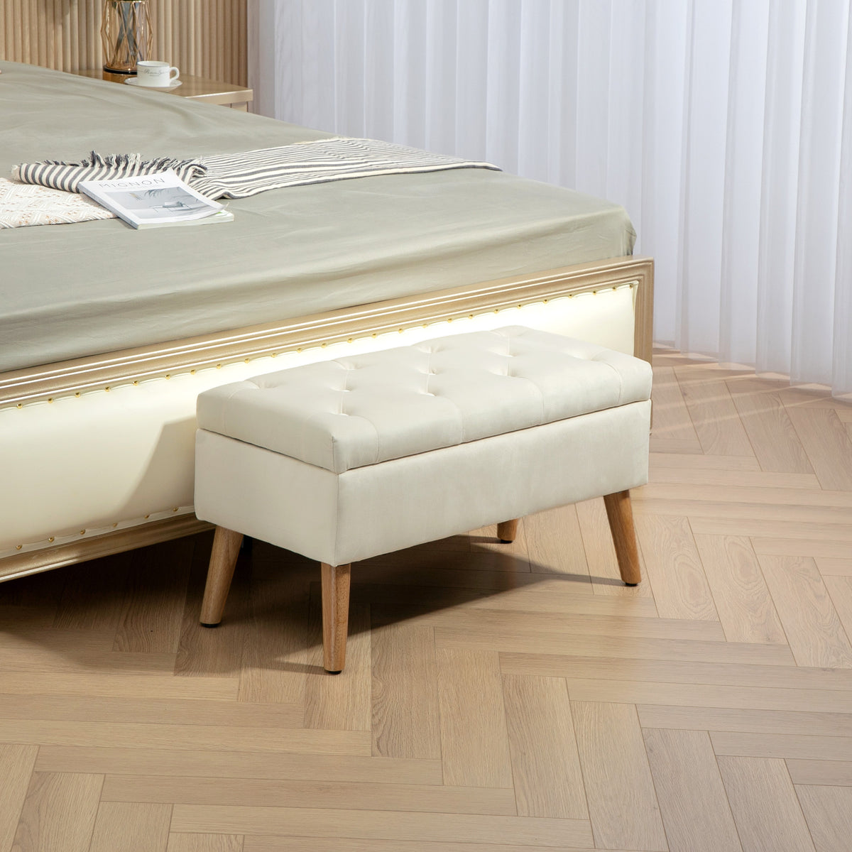 Banc de rangement coffre de rangement tissu effet velours pieds en bois charge max. 120 kg 80 x 35 x 42 cm, crème-1