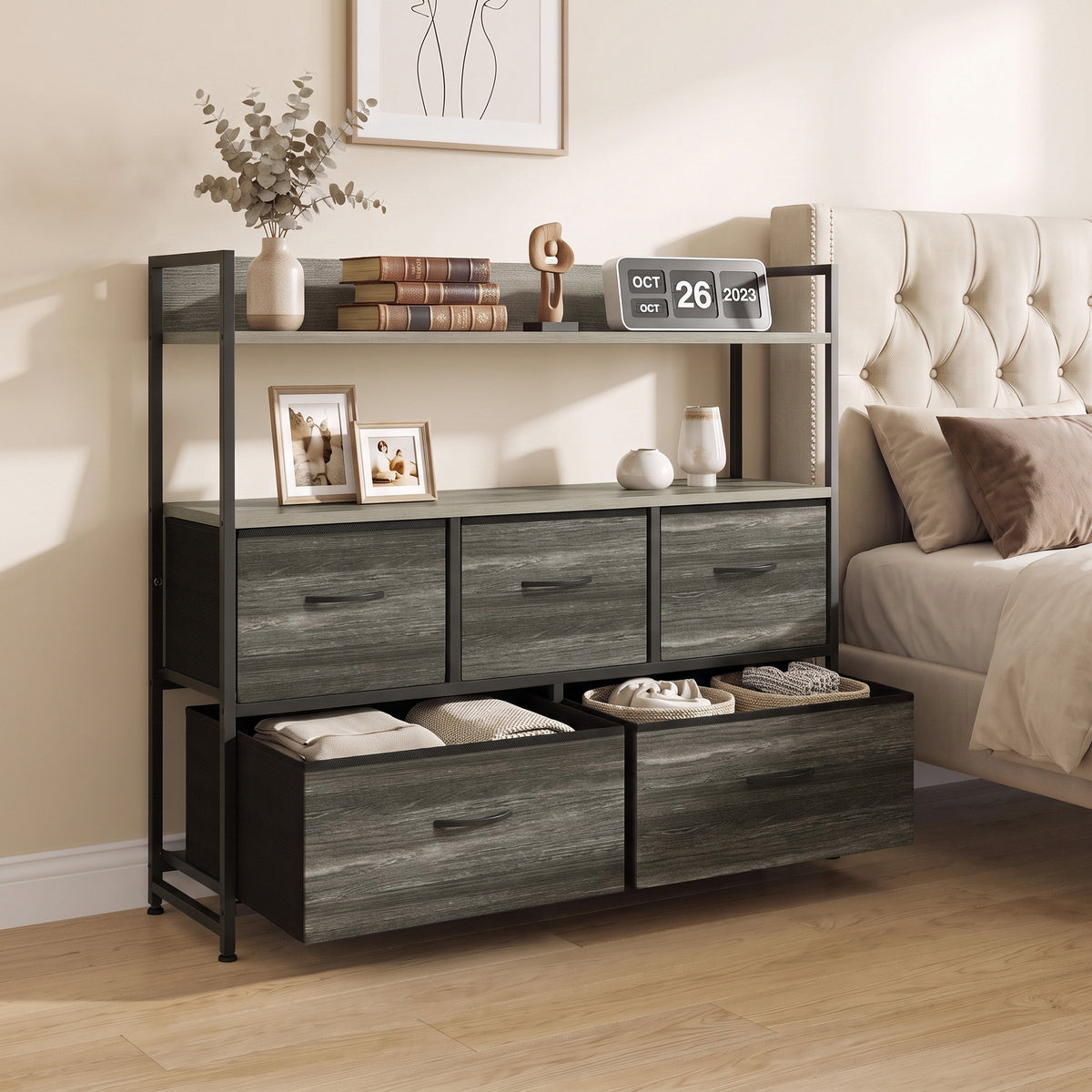 Commode 5 Tiroirs en Tissu Pliables, Meuble de Rangement avec Étagères Ouvertes, Plateau Supérieur, Gris-7
