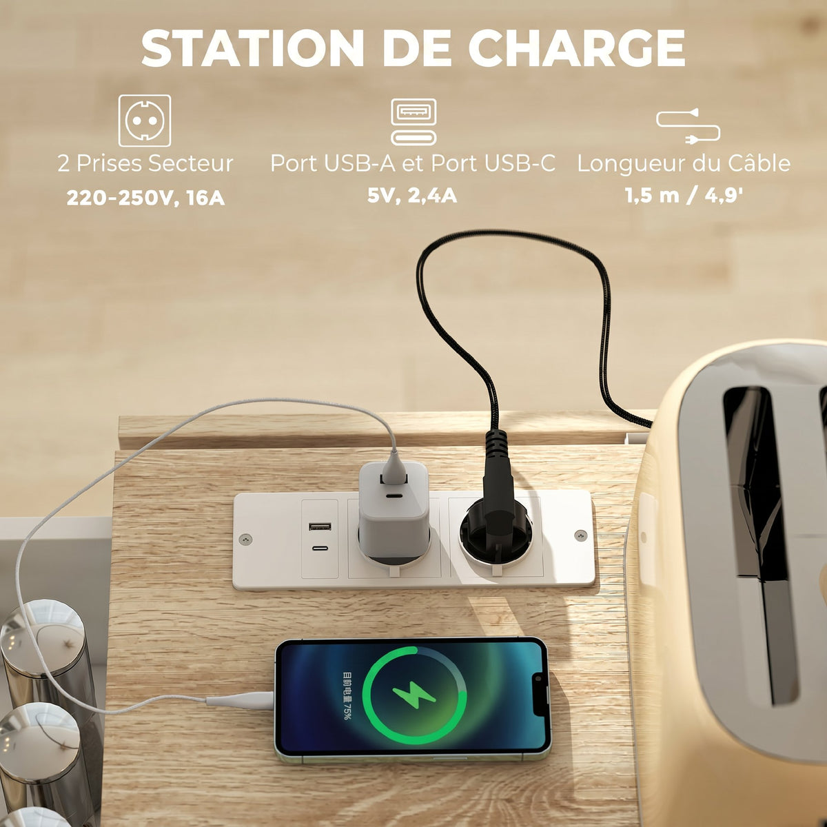 Îlot Central Cuisine avec Plateau Rabattable 2 Prises et 2 Ports USB Desserte de Cuisine sur Roulettes 3 Tiroirs Blanc-4