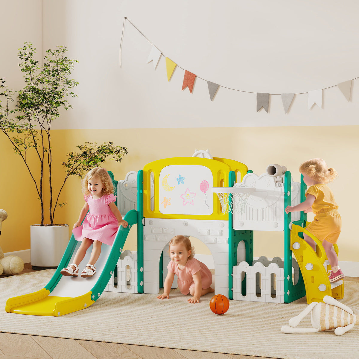 Toboggan pour enfant 7 en 1 avec panier de basket, télescope, rangement, tunnel, escalade, tableau de dessin, jaune-1