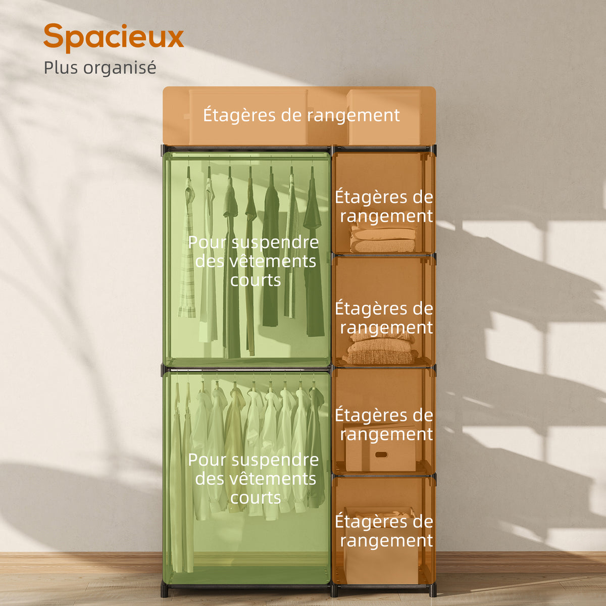 Armoire de rangement, penderie portable avec 3 barres de suspension et 4 étagères, 142 x 43 x 185 cm, noir-4