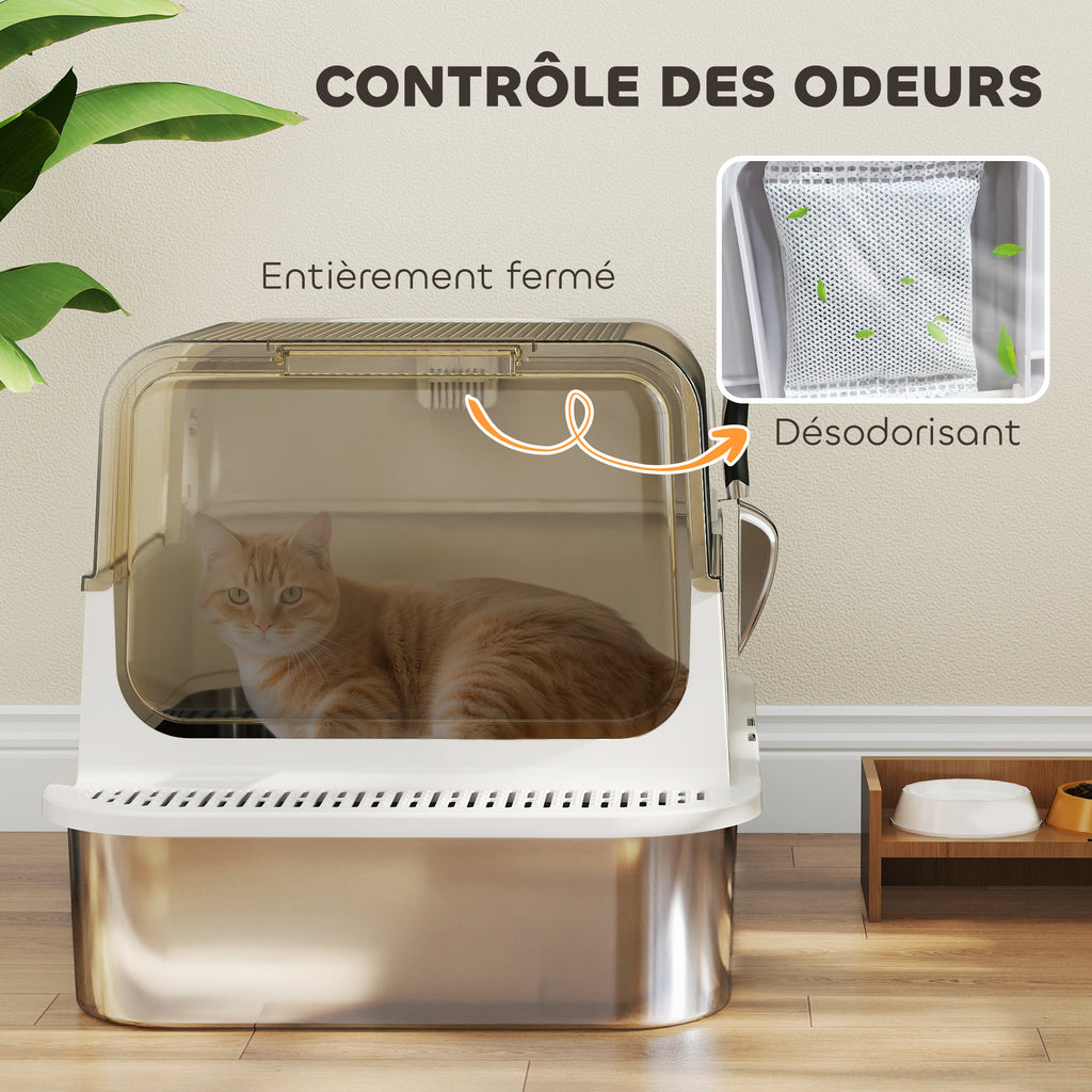 Bac à litière pour chat fermé en acier inoxydable, maison de toilette pour chat avec pelle, 70 x 50 x 46,5 cm, blanc-5